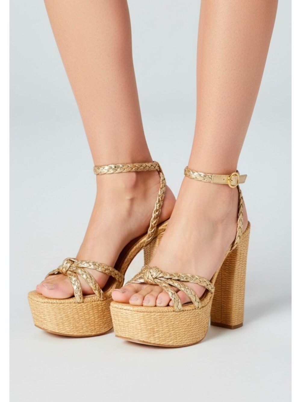 Braided Gold & Raffia Platform Heel Sandals With Ankle Strap Womens High Block H